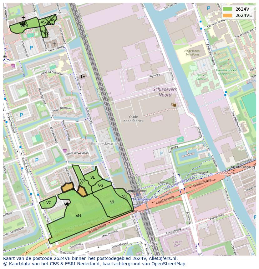 Afbeelding van het postcodegebied 2624 VE op de kaart.