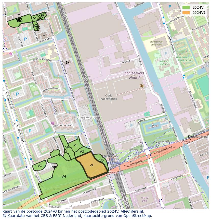 Afbeelding van het postcodegebied 2624 VJ op de kaart.