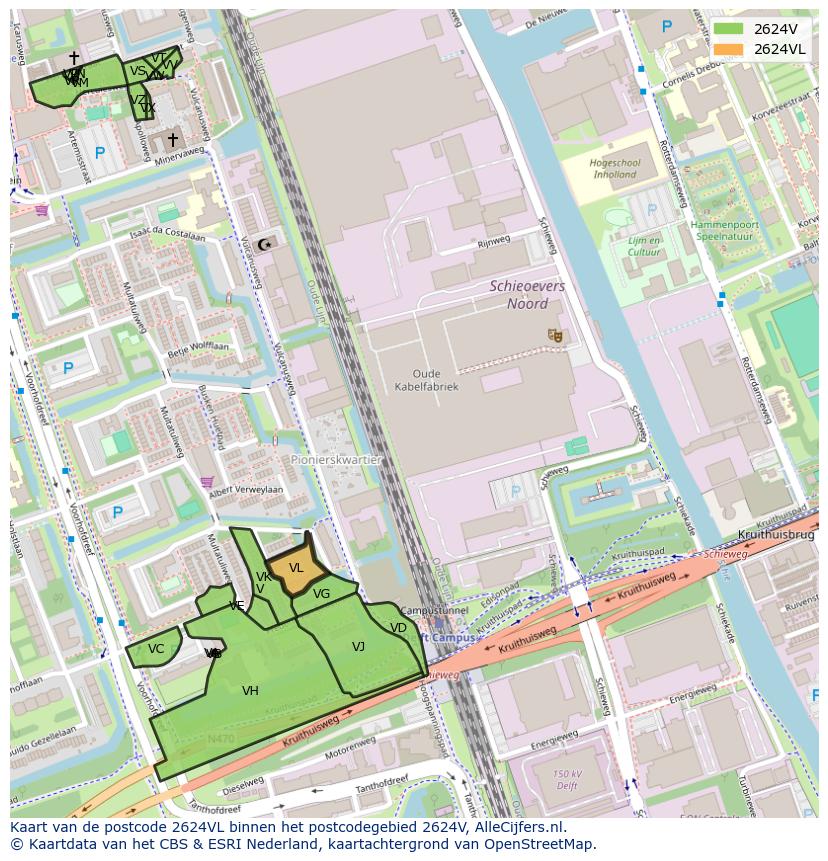 Afbeelding van het postcodegebied 2624 VL op de kaart.