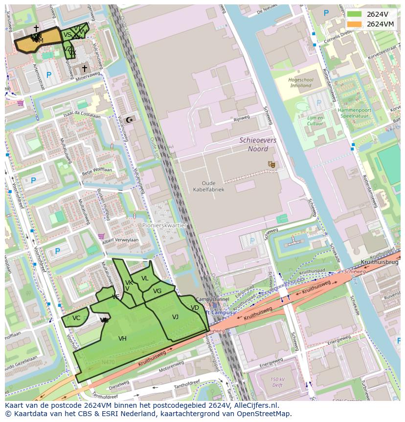Afbeelding van het postcodegebied 2624 VM op de kaart.