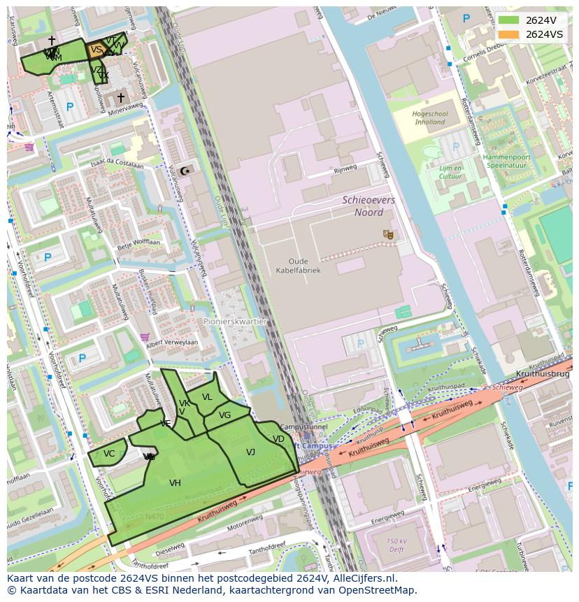 Afbeelding van het postcodegebied 2624 VS op de kaart.