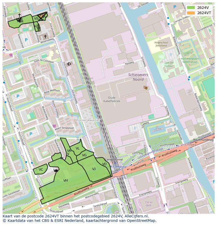 Afbeelding van het postcodegebied 2624 VT op de kaart.
