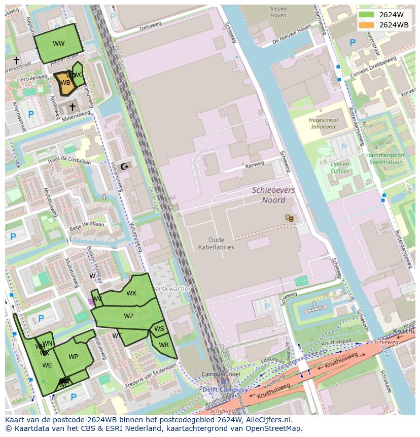 Afbeelding van het postcodegebied 2624 WB op de kaart.