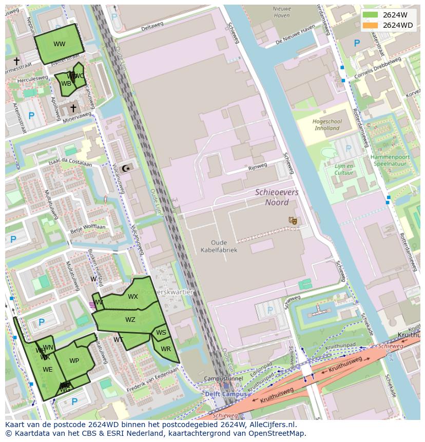 Afbeelding van het postcodegebied 2624 WD op de kaart.