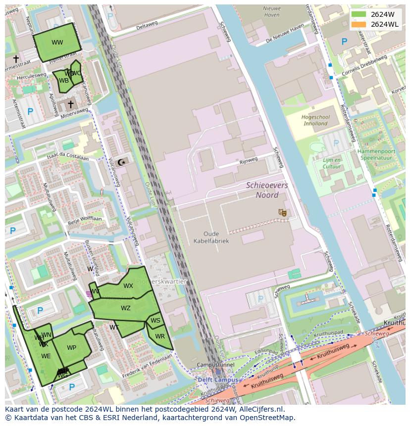 Afbeelding van het postcodegebied 2624 WL op de kaart.