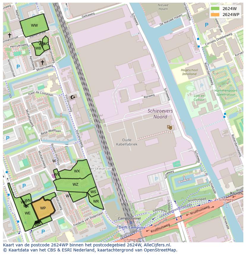 Afbeelding van het postcodegebied 2624 WP op de kaart.