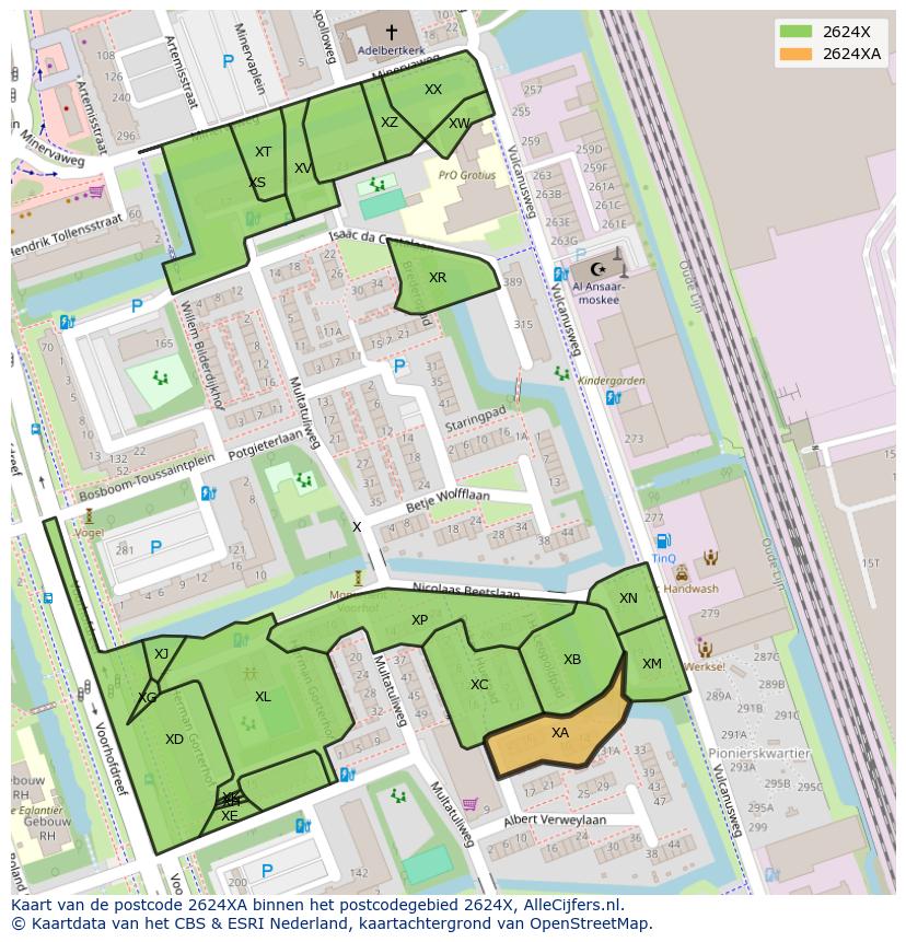 Afbeelding van het postcodegebied 2624 XA op de kaart.