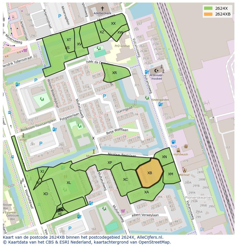 Afbeelding van het postcodegebied 2624 XB op de kaart.