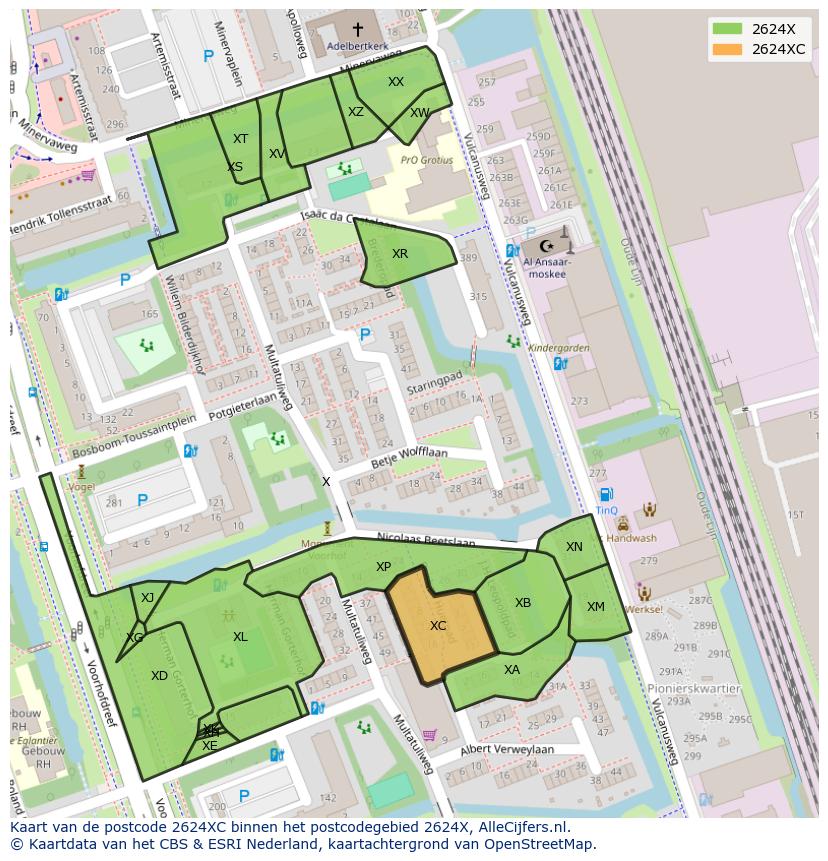 Afbeelding van het postcodegebied 2624 XC op de kaart.