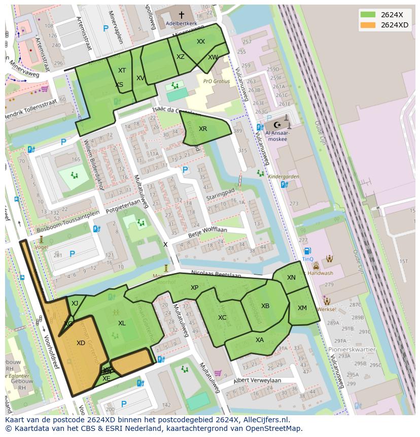 Afbeelding van het postcodegebied 2624 XD op de kaart.