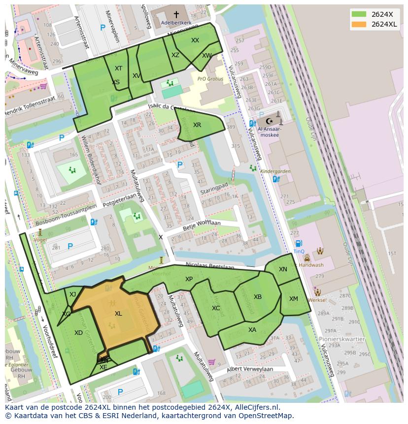 Afbeelding van het postcodegebied 2624 XL op de kaart.