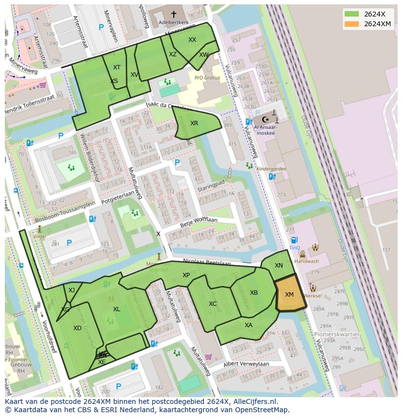 Afbeelding van het postcodegebied 2624 XM op de kaart.
