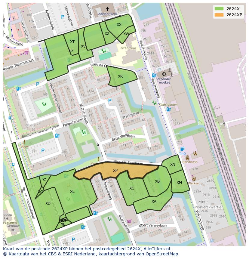Afbeelding van het postcodegebied 2624 XP op de kaart.