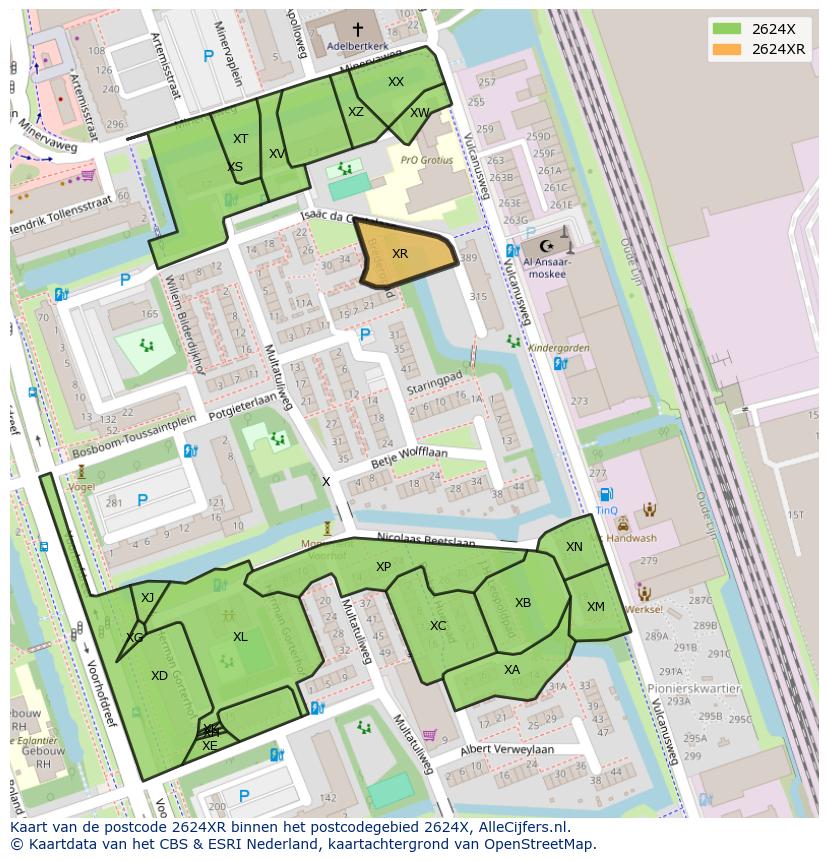 Afbeelding van het postcodegebied 2624 XR op de kaart.