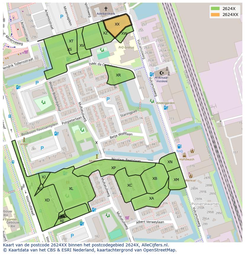 Afbeelding van het postcodegebied 2624 XX op de kaart.