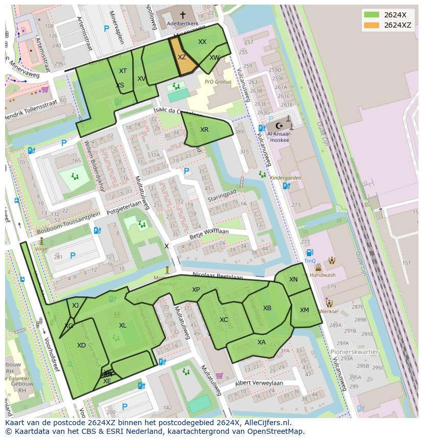 Afbeelding van het postcodegebied 2624 XZ op de kaart.