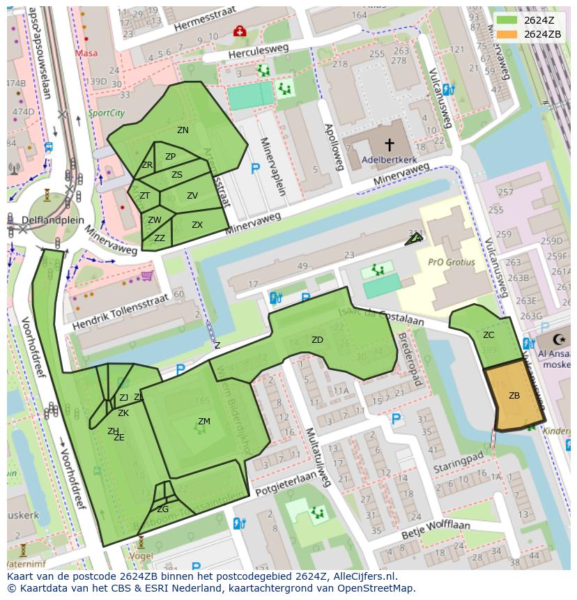 Afbeelding van het postcodegebied 2624 ZB op de kaart.