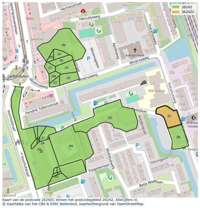 Afbeelding van het postcodegebied 2624 ZC op de kaart.