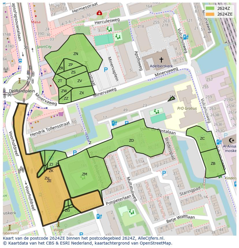 Afbeelding van het postcodegebied 2624 ZE op de kaart.