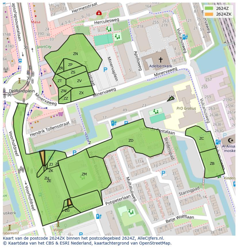 Afbeelding van het postcodegebied 2624 ZK op de kaart.