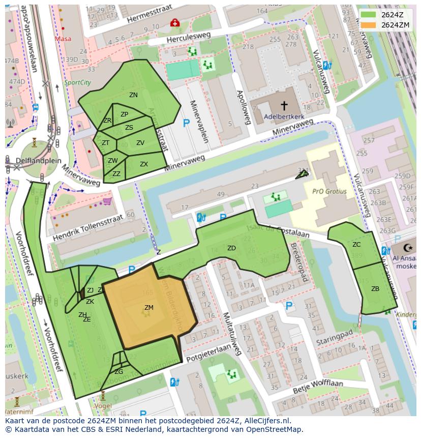 Afbeelding van het postcodegebied 2624 ZM op de kaart.