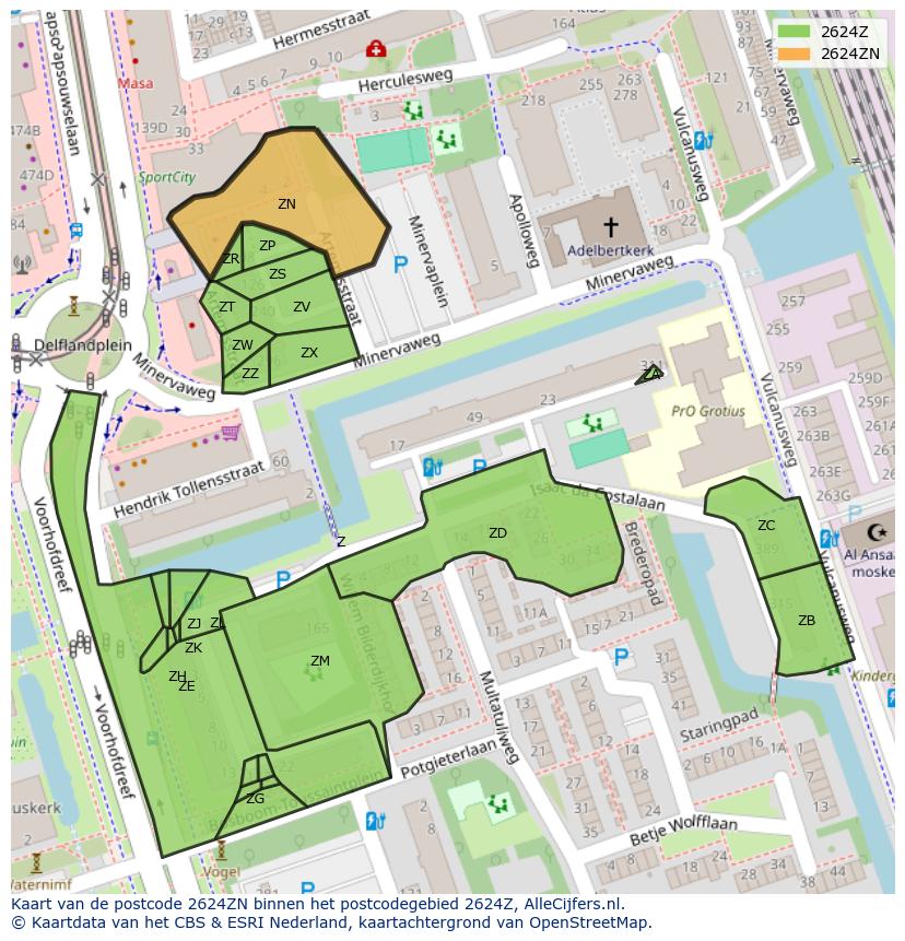 Afbeelding van het postcodegebied 2624 ZN op de kaart.