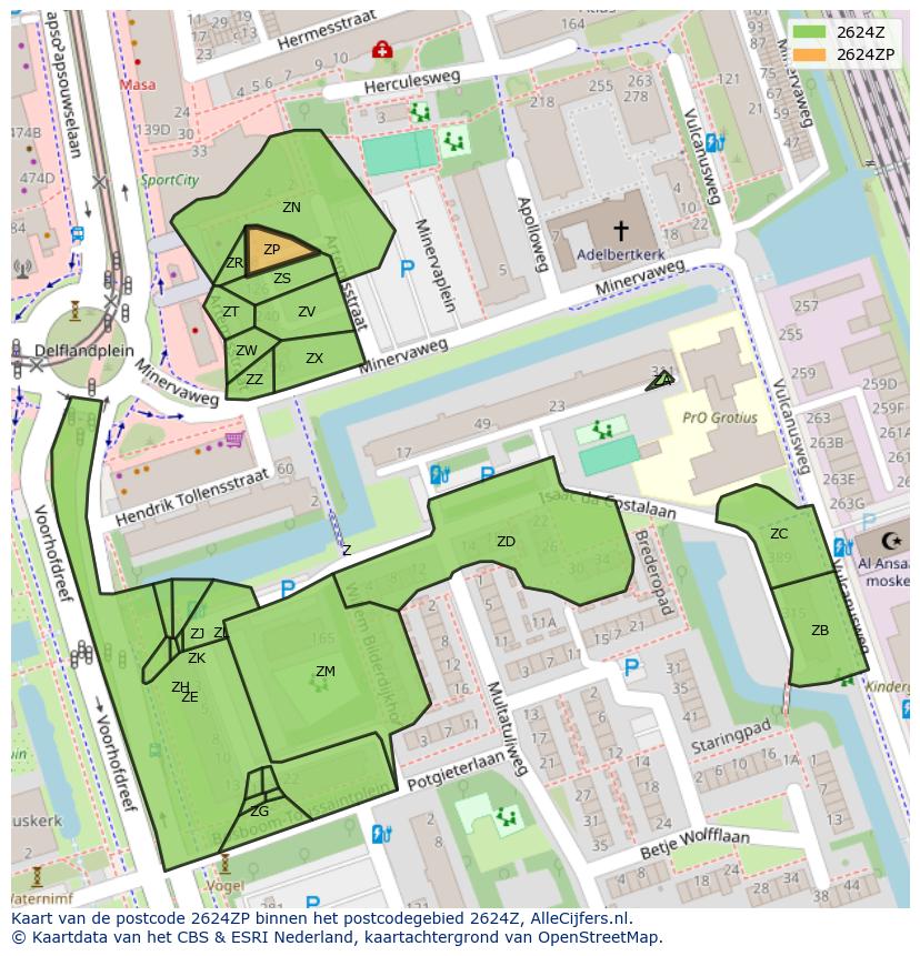 Afbeelding van het postcodegebied 2624 ZP op de kaart.