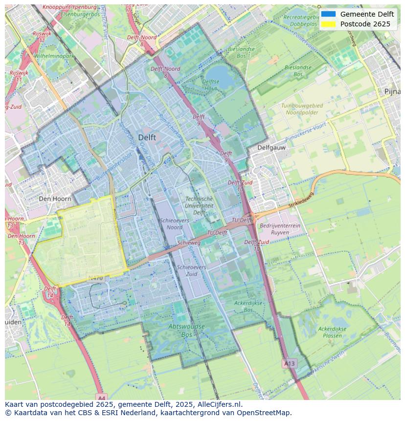 Afbeelding van het postcodegebied 2625 op de kaart.