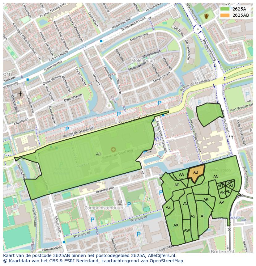 Afbeelding van het postcodegebied 2625 AB op de kaart.