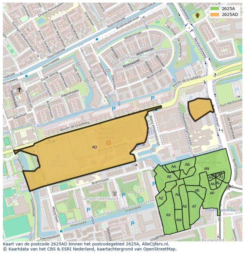 Afbeelding van het postcodegebied 2625 AD op de kaart.