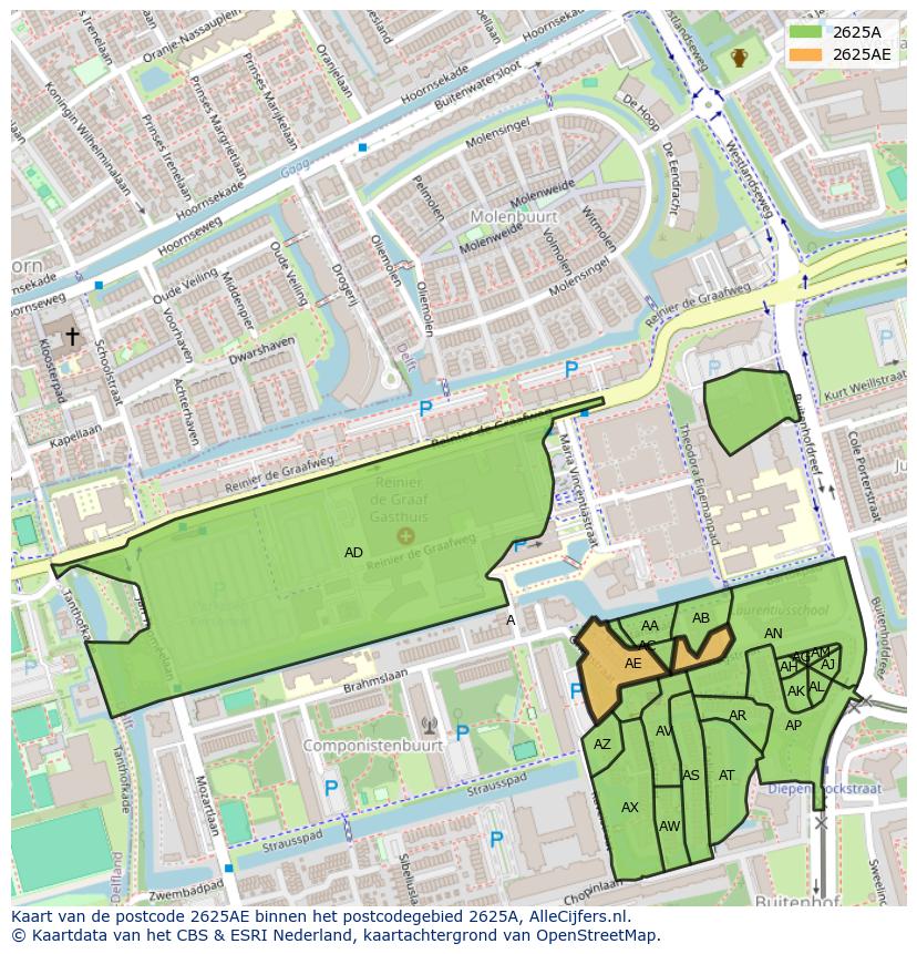 Afbeelding van het postcodegebied 2625 AE op de kaart.