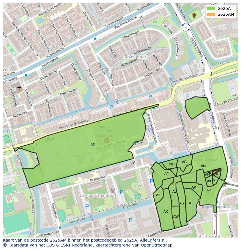 Afbeelding van het postcodegebied 2625 AM op de kaart.