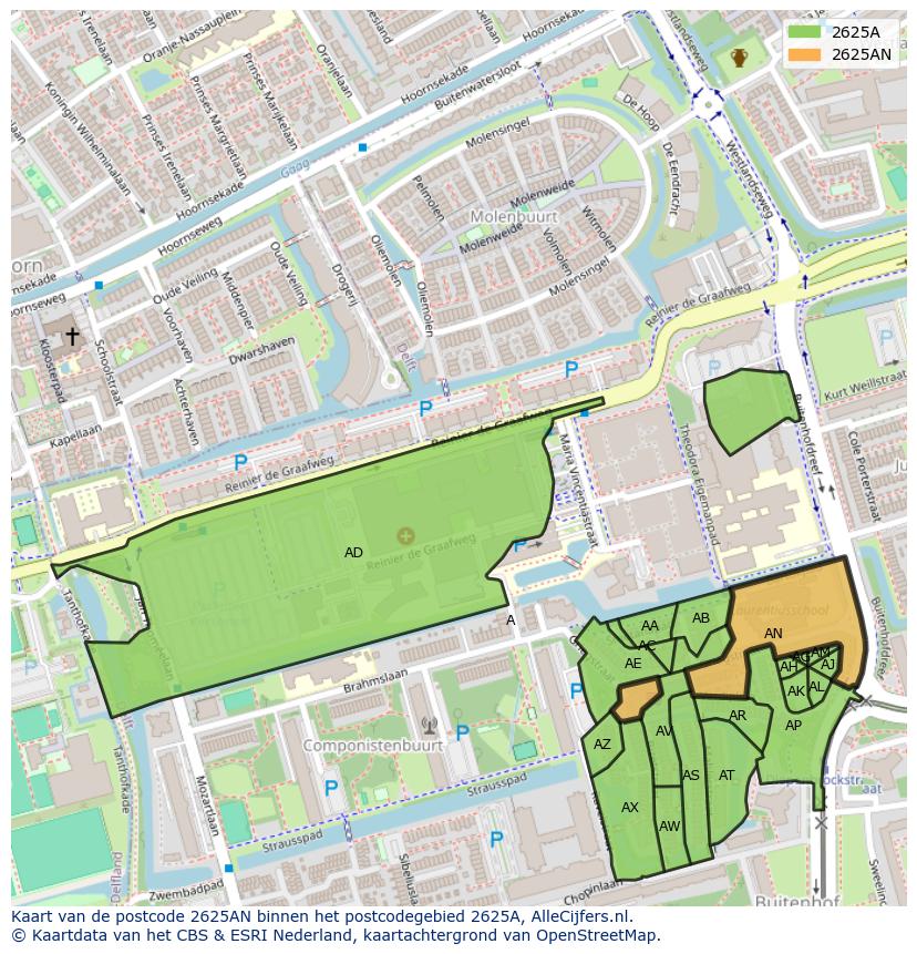 Afbeelding van het postcodegebied 2625 AN op de kaart.