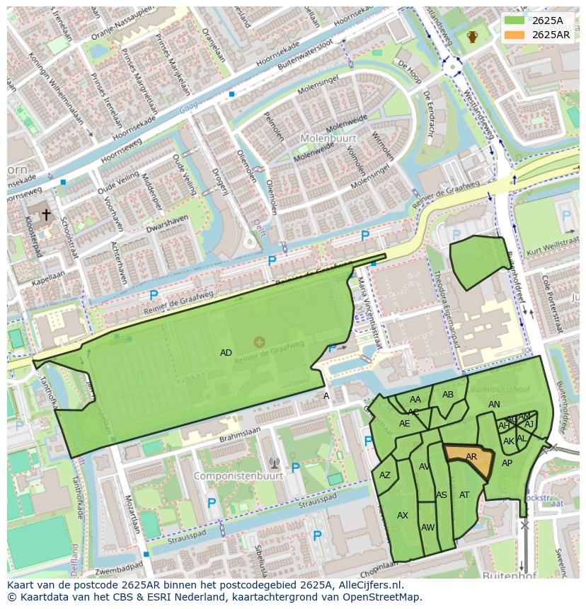 Afbeelding van het postcodegebied 2625 AR op de kaart.
