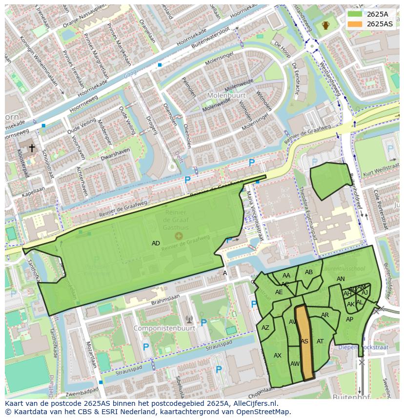 Afbeelding van het postcodegebied 2625 AS op de kaart.