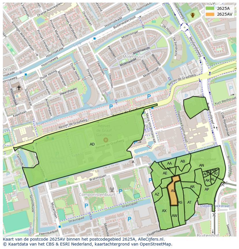 Afbeelding van het postcodegebied 2625 AV op de kaart.
