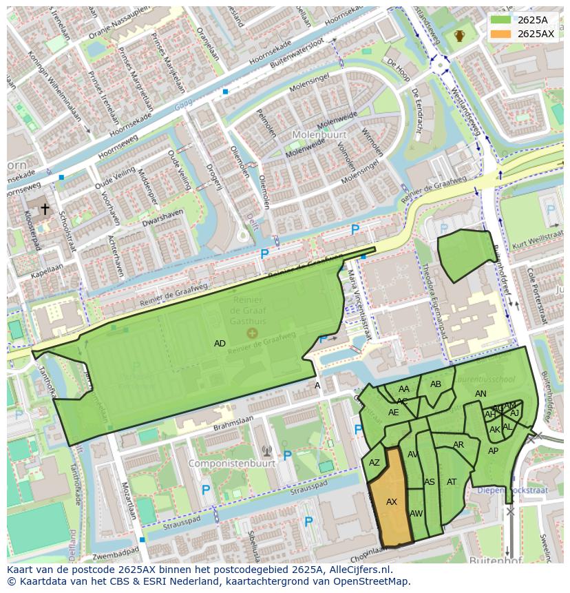 Afbeelding van het postcodegebied 2625 AX op de kaart.