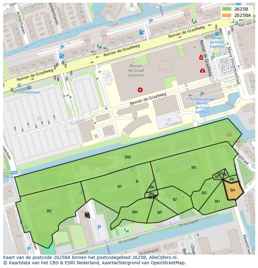 Afbeelding van het postcodegebied 2625 BA op de kaart.