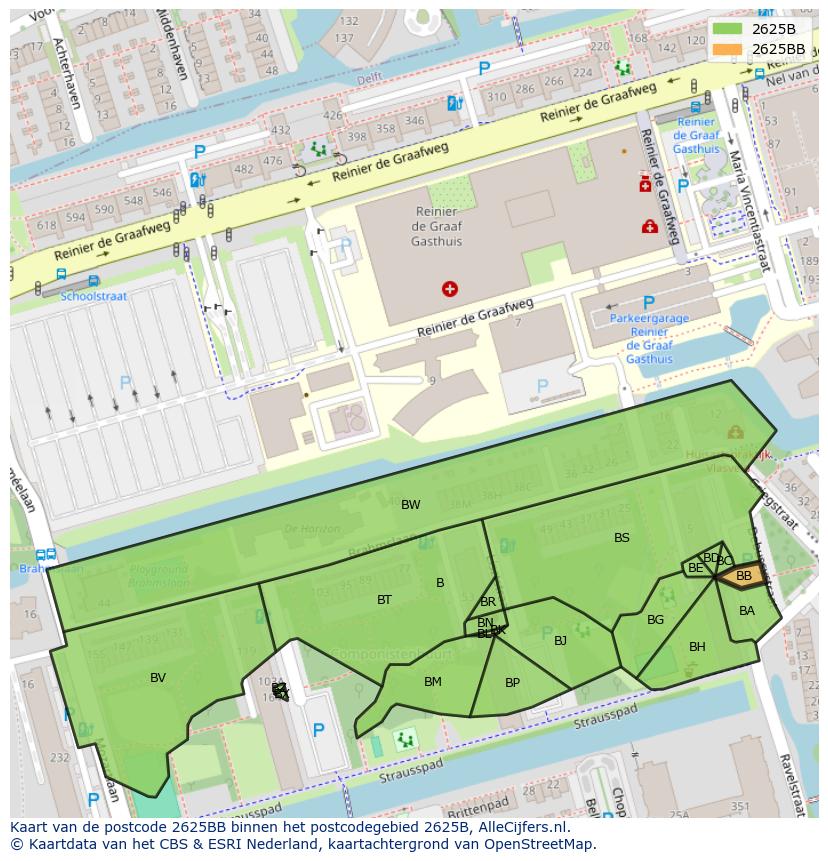 Afbeelding van het postcodegebied 2625 BB op de kaart.