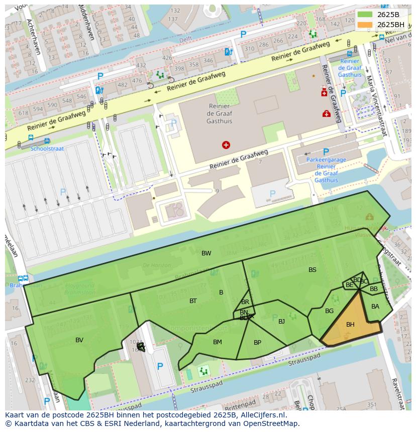 Afbeelding van het postcodegebied 2625 BH op de kaart.