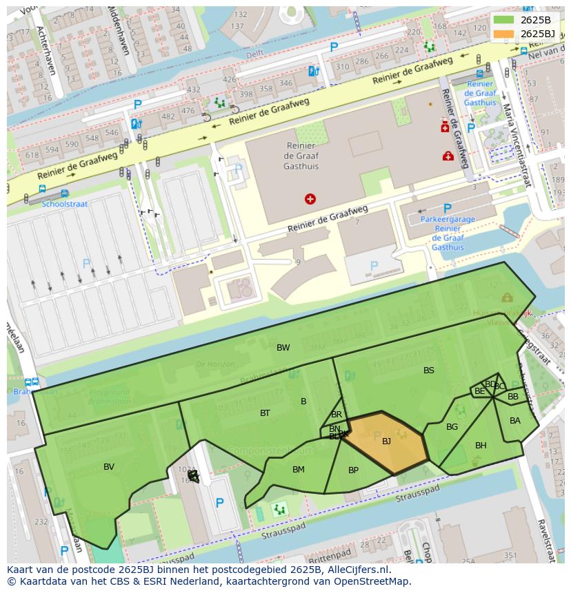Afbeelding van het postcodegebied 2625 BJ op de kaart.