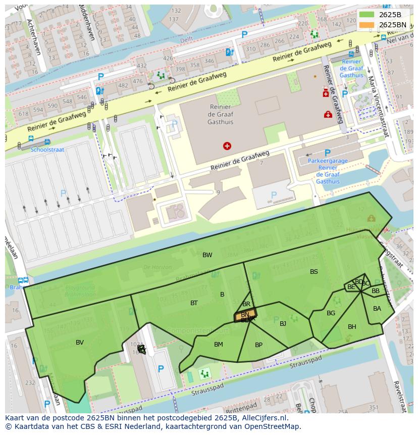 Afbeelding van het postcodegebied 2625 BN op de kaart.