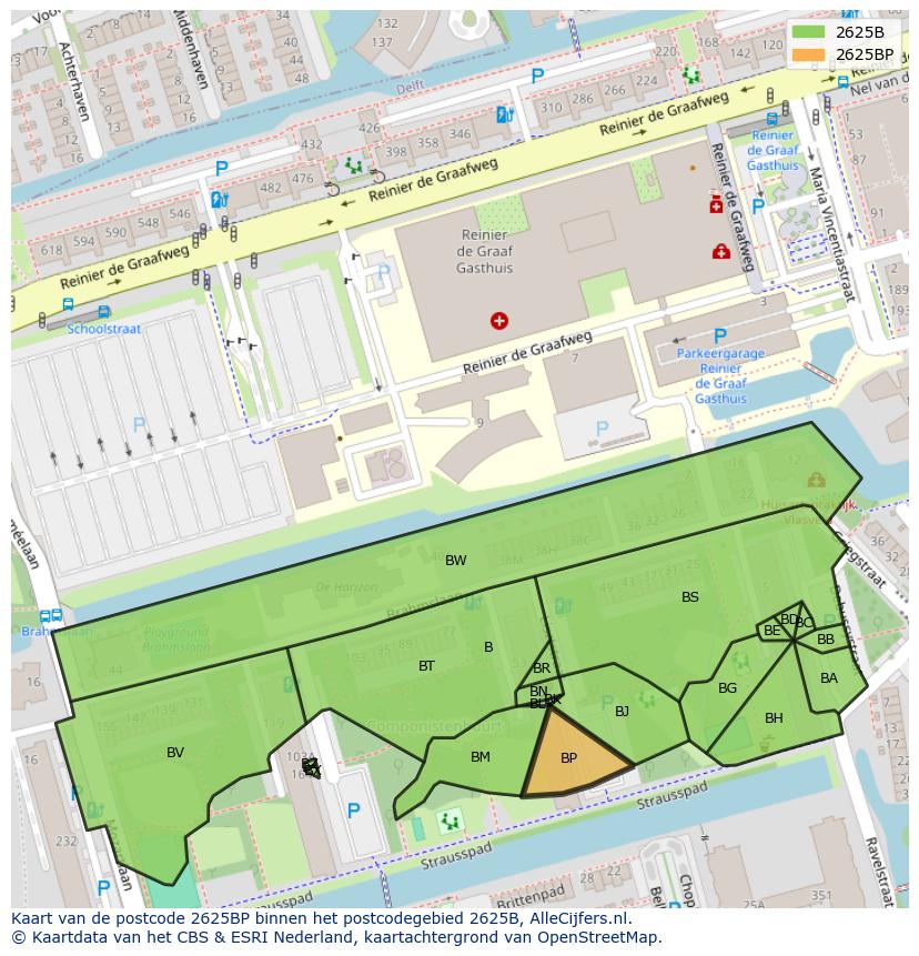 Afbeelding van het postcodegebied 2625 BP op de kaart.