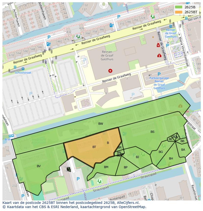 Afbeelding van het postcodegebied 2625 BT op de kaart.