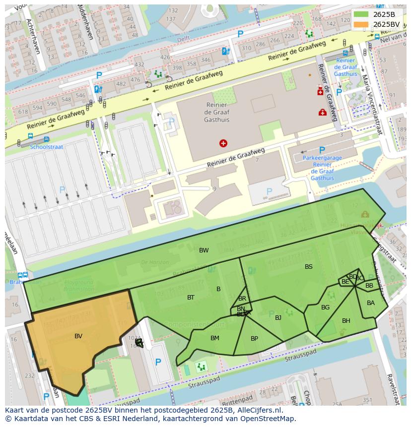 Afbeelding van het postcodegebied 2625 BV op de kaart.