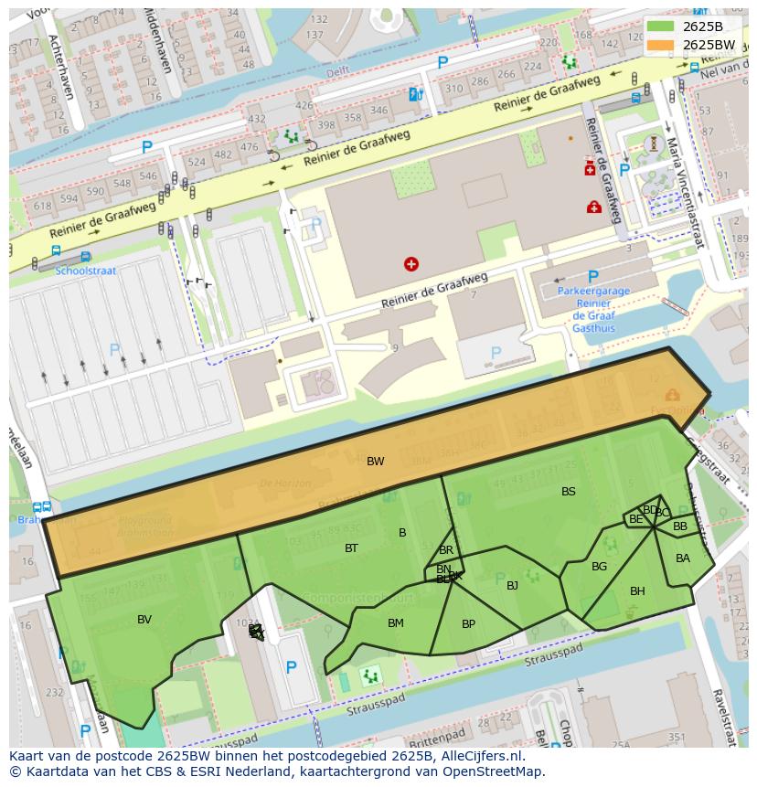 Afbeelding van het postcodegebied 2625 BW op de kaart.