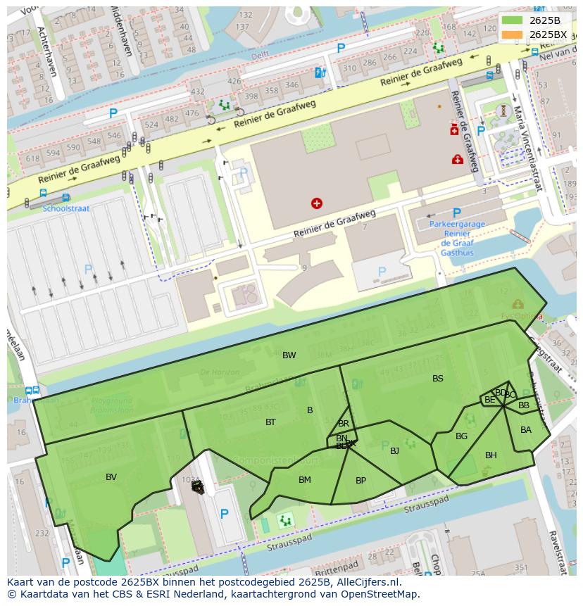 Afbeelding van het postcodegebied 2625 BX op de kaart.