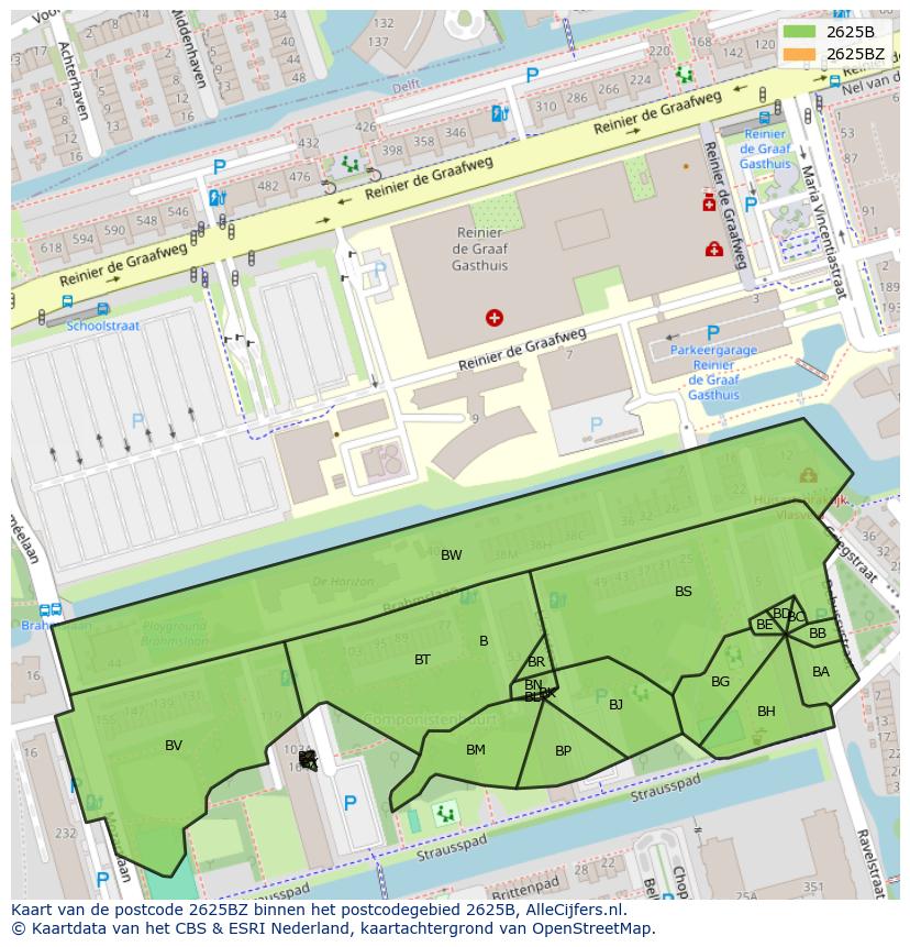 Afbeelding van het postcodegebied 2625 BZ op de kaart.