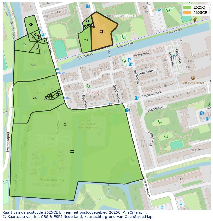 Afbeelding van het postcodegebied 2625 CE op de kaart.