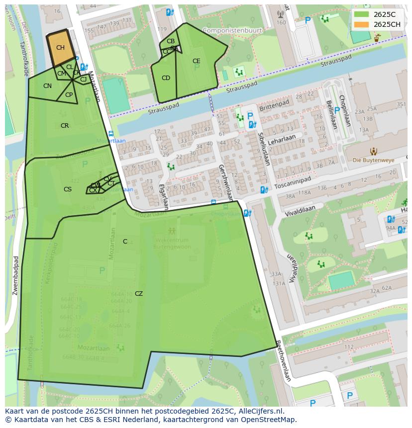 Afbeelding van het postcodegebied 2625 CH op de kaart.
